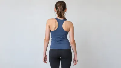 Back view showing asymmetry in shoulder level and waist contour.